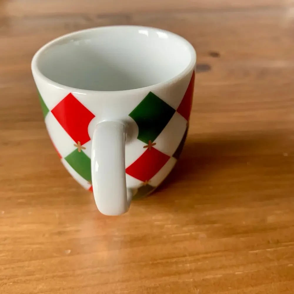 Williams Sonoma Harlequin Cup & Saucer Red Green Gold Demitasse Diamonds 2